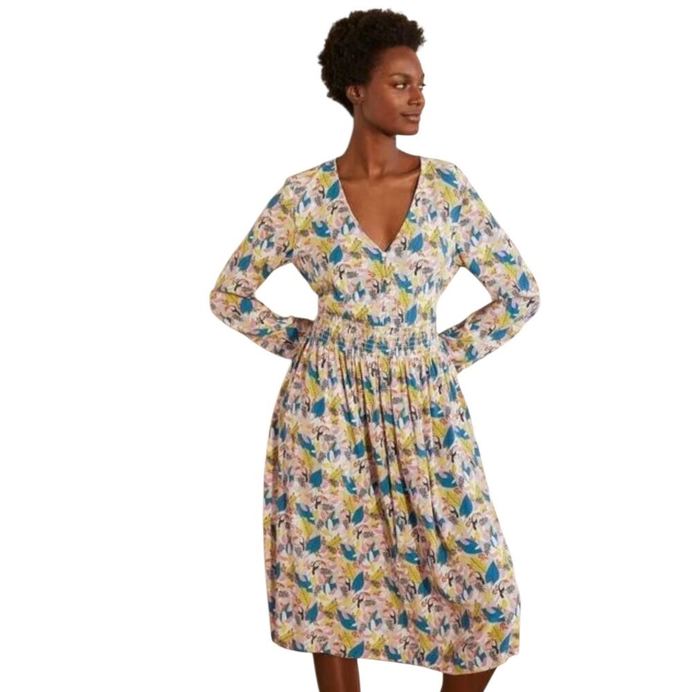 Boden Dress Womens 4 Susannah Smocked Toucan Print Long Sleeve Midiβ Tropical